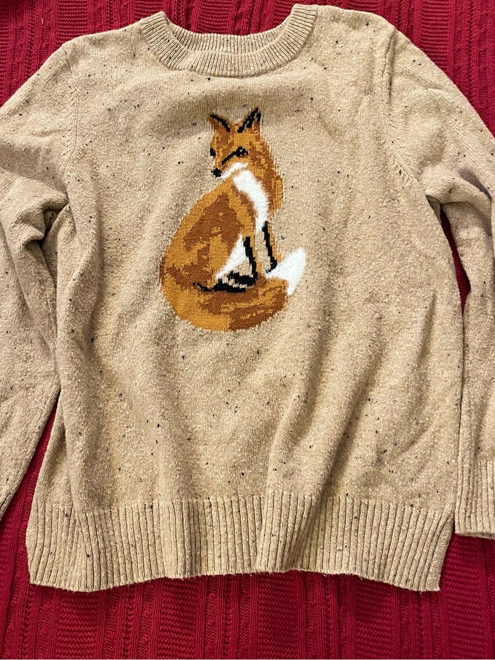 Karen Scott Beige Crewneck Sweater with Fox Intarsia